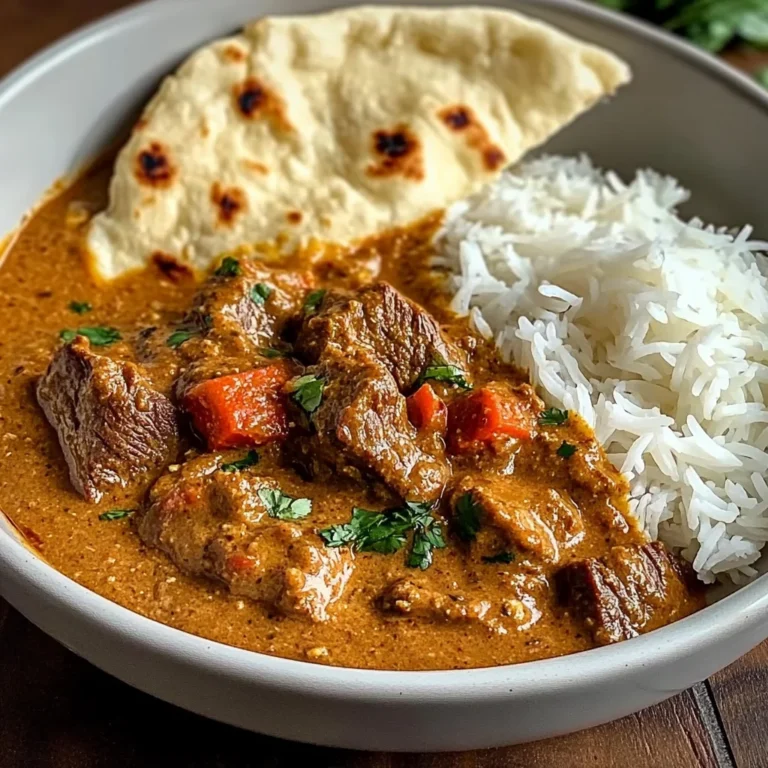 Creamy Coconut Curry Beef with Rice and Garlic Naan