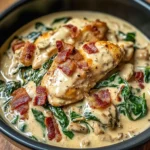 Creamy Slow Cooker Chicken Stroganoff with Spinach and Crispy Bacon