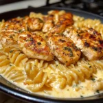Cheesy Garlic Chicken with Twisted Pasta in Velveeta Cream Sauce