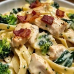 Chicken, Bacon & Spinach Alfredo Fettuccine with Broccoli