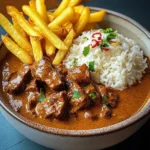 Coconut-Infused Beef Curry with Fries and Rice