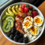 Colorful Cottage Cheese Breakfast Bowl with Soft-Boiled Eggs & Fruit