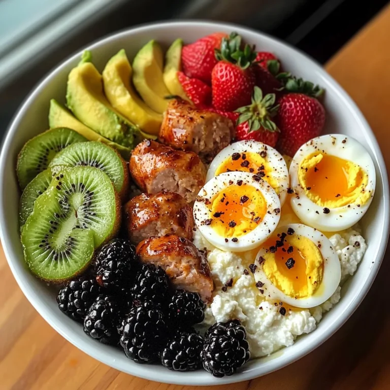 Colorful Cottage Cheese Breakfast Bowl with Soft-Boiled Eggs & Fruit