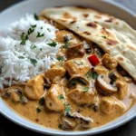 Creamy Chicken Curry with Golden Mushrooms, Rice & Warm Naan