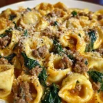 Creamy Tortellini Pasta with Beef, Spinach & Italian Sausage
