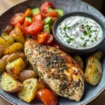 Herb Chicken with Roasted Potatoes, Tomato Salad & Yogurt Dip