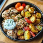 Loaded Garlic Butter Chicken with Roasted Veggies & Creamy Dip