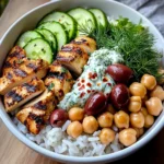 Mediterranean Grilled Chicken Bowl with Rice, Chickpeas & Tzatziki