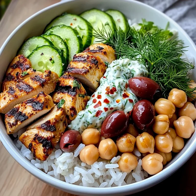 Mediterranean Grilled Chicken Bowl with Rice, Chickpeas & Tzatziki