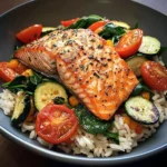 Pan-Seared Salmon on Garlic Veggie Rice Bowl