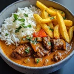 Slow-Cooked Beef Coconut Curry with Rice & Crispy Fries