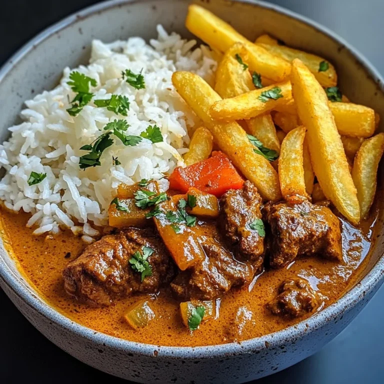 Slow-Cooked Beef Coconut Curry with Rice & Crispy Fries