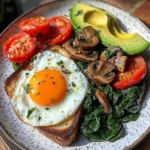 Sunny Eggs with Sauted Spinach, Mushrooms & Avocado Toast